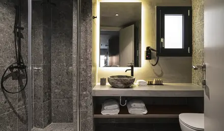 a bathroom with a sink and a shower