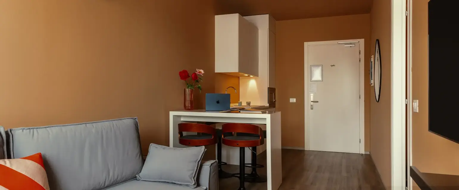 a room with a couch and a table