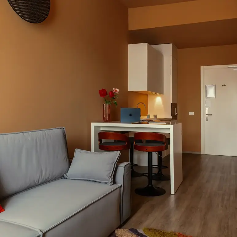 a room with a couch and a table