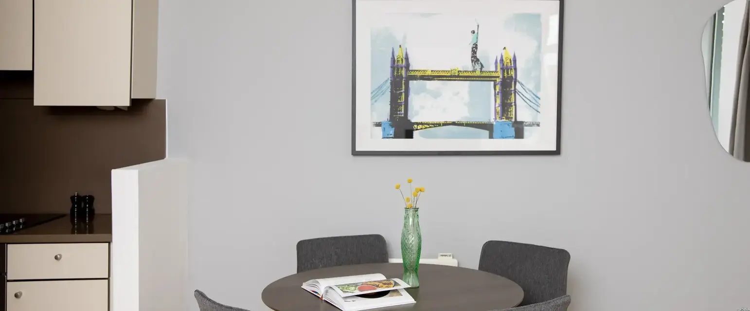 a table and chairs in a room