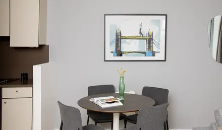a table and chairs in a room