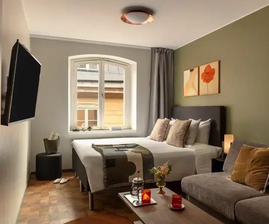 a bedroom with a bed and a television