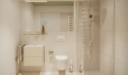 a bathroom with a glass shower and toilet