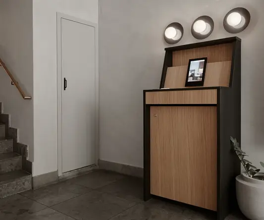 a wooden stand with a tablet on top