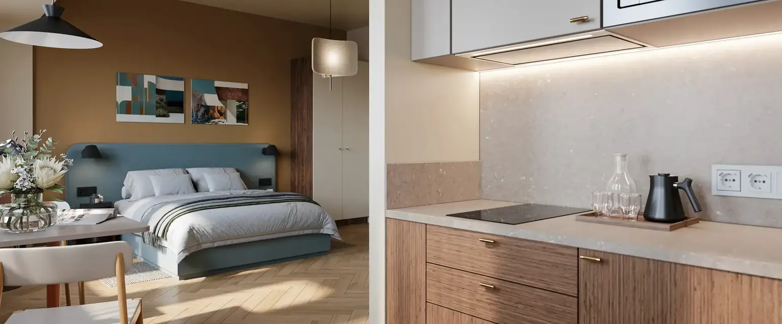a kitchen with a bed and a microwave