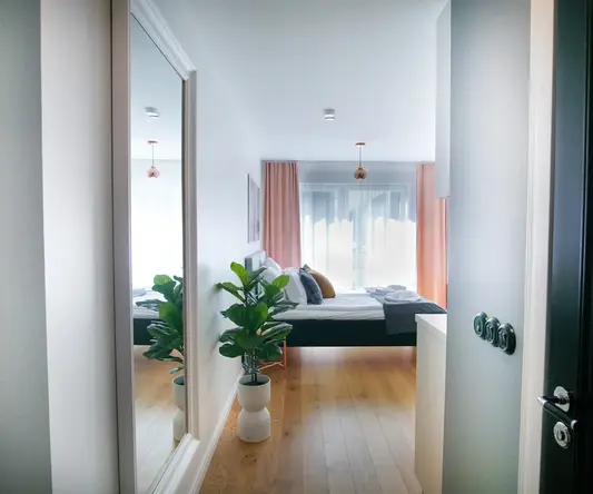 a room with a mirror and a bed