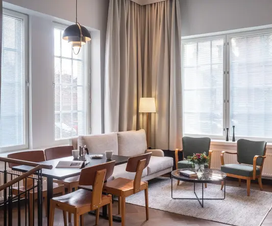 a room with a couch and table