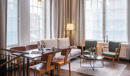 a room with a couch and table