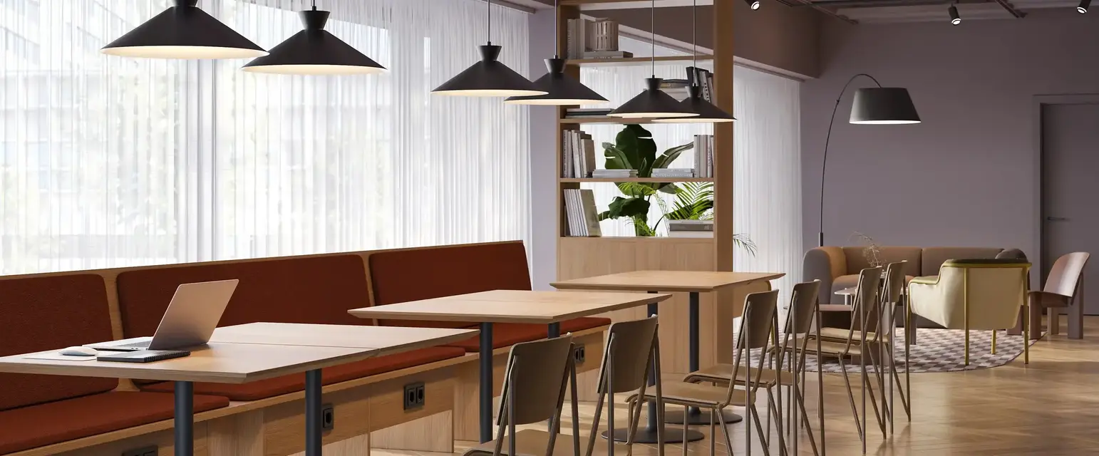 a room with tables and chairs