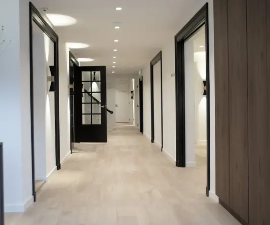 a hallway with black doors and wood floors