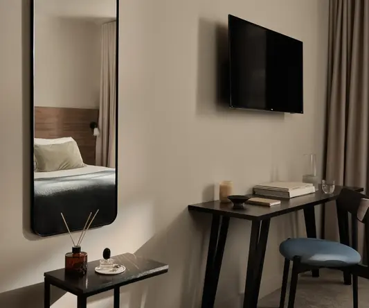 a mirror above a table