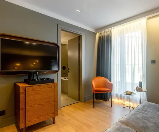 a room with a tv and a couch