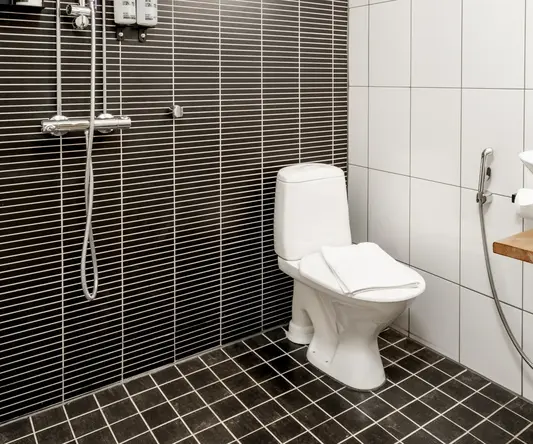 a bathroom with a black and white tiled wall
