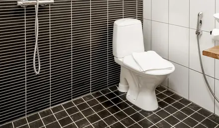 a bathroom with a black and white tiled wall
