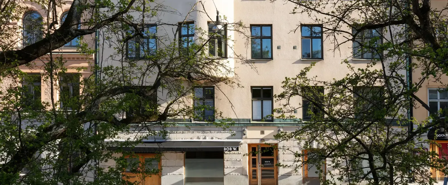 a building with trees around it