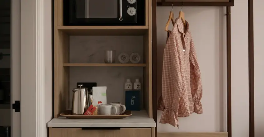 a shelf with a microwave and a shirt on it