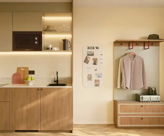 a kitchen with a microwave and a countertop