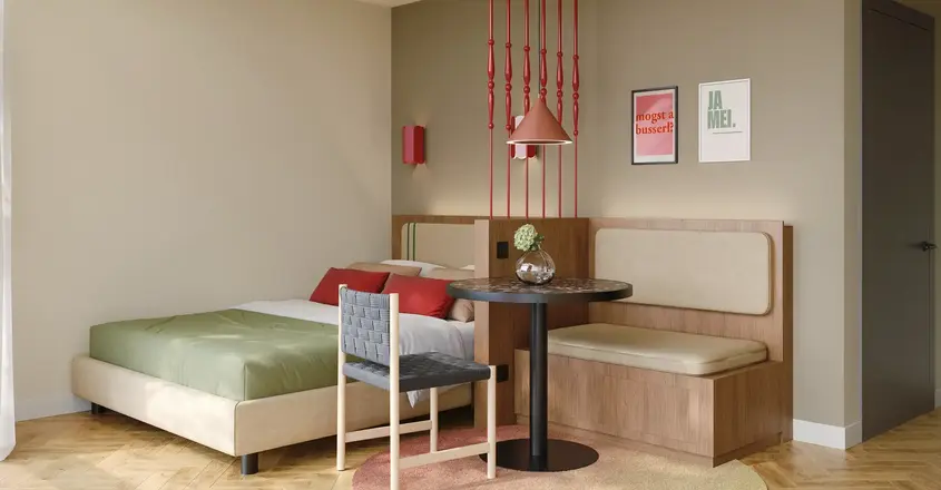 a room with a bed and a table