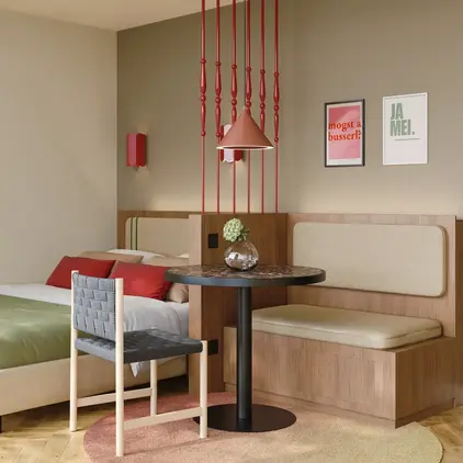 a room with a bed and a table