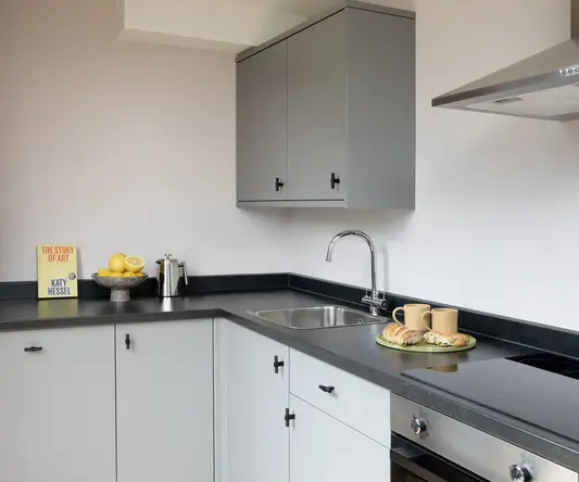 a kitchen with grey cabinets and white walls