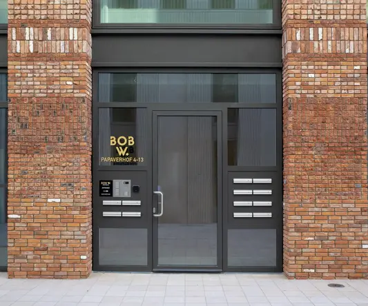 a building with glass doors