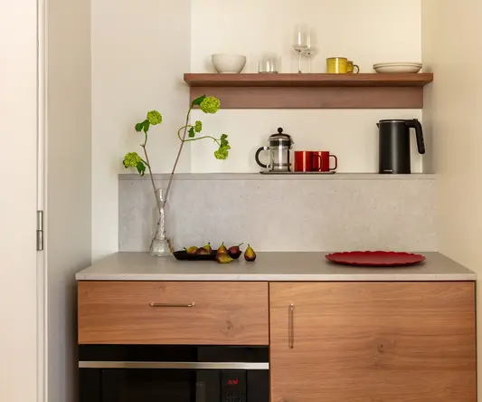 a kitchen counter with a red plate and a plant on it