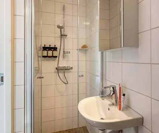 a bathroom with a shower and sink