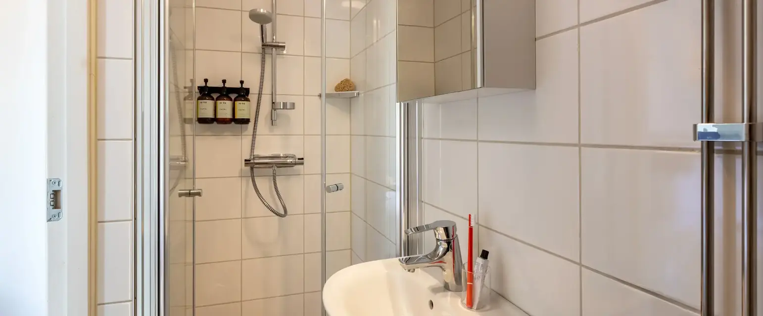 a bathroom with a shower and sink