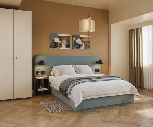 a bedroom with a bed and a closet