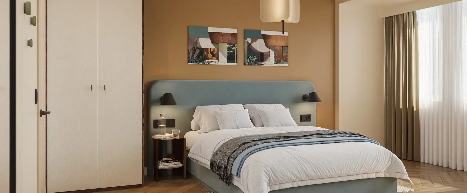a bedroom with a bed and a closet