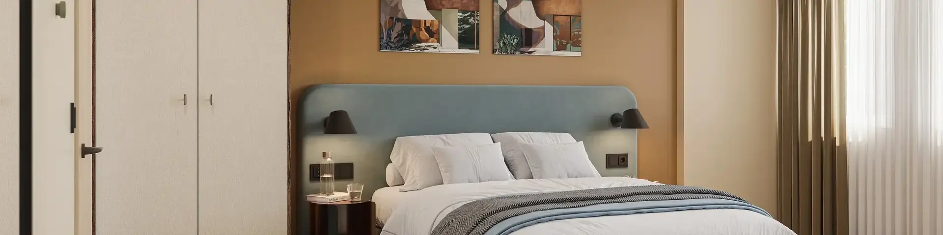 a bedroom with a bed and a closet