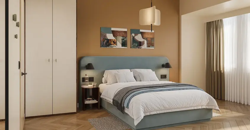 a bedroom with a bed and a closet