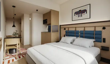 a bedroom with a bed and a rug