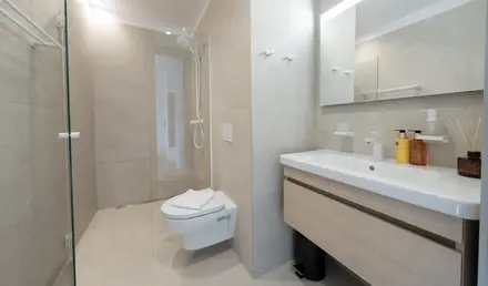 a bathroom with a shower and toilet