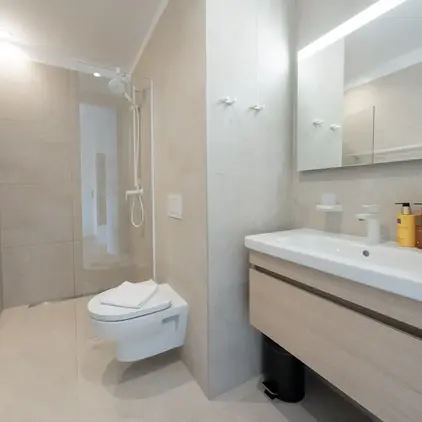 a bathroom with a shower and toilet