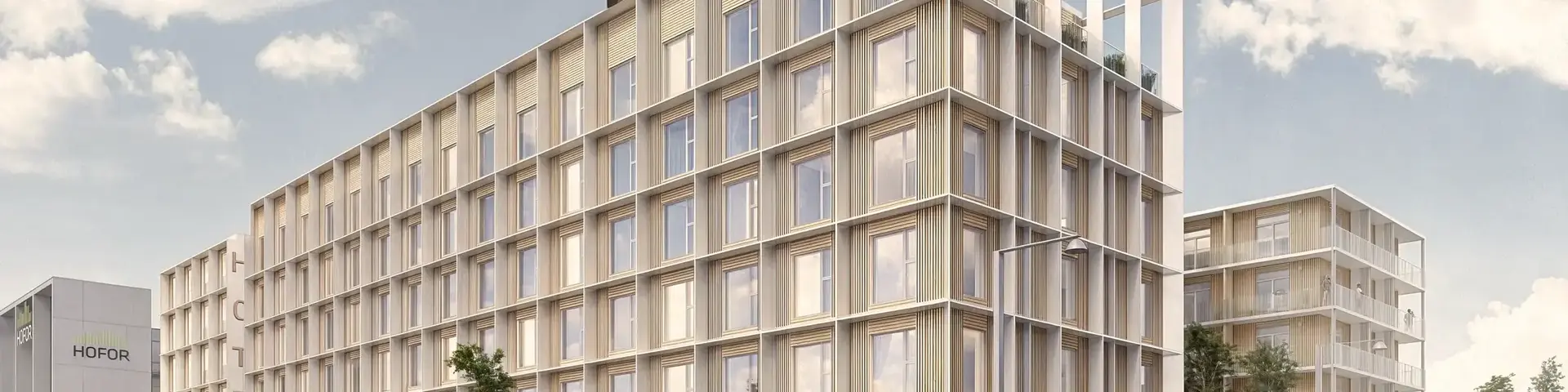 a building with people walking on the street