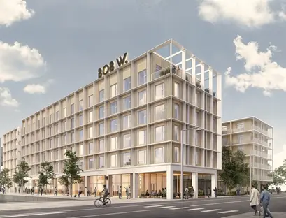 a building with people walking on the street