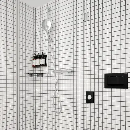a bathroom with a shower and toilet