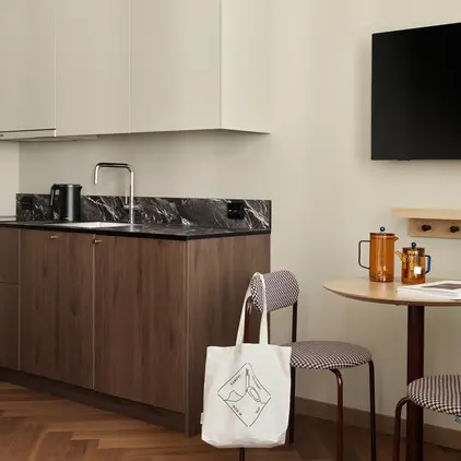 a kitchen with a table and a countertop