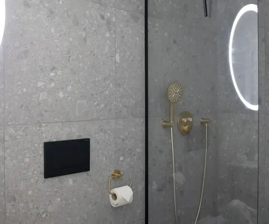 a shower with a round light fixture