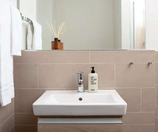 a bathroom with a mirror and a sink