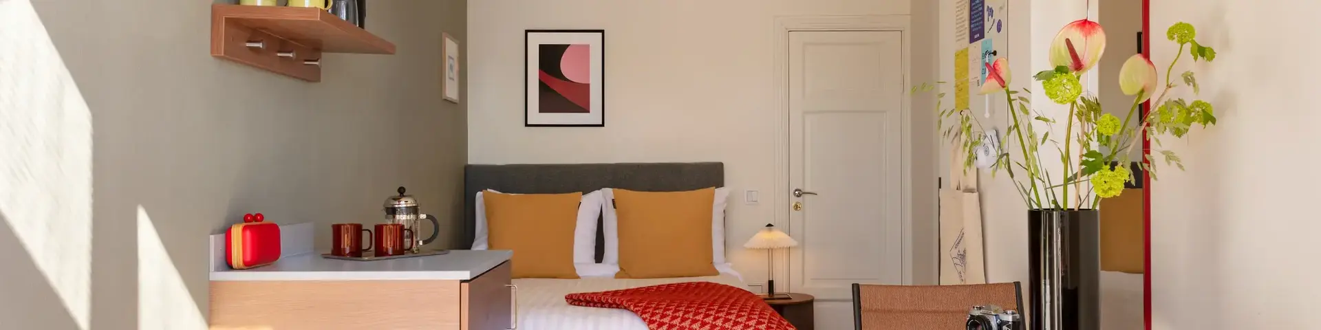a room with a bed and a table