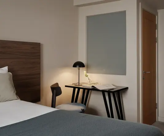 a bedroom with a bed and a desk