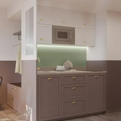 a kitchen with a chair and a table