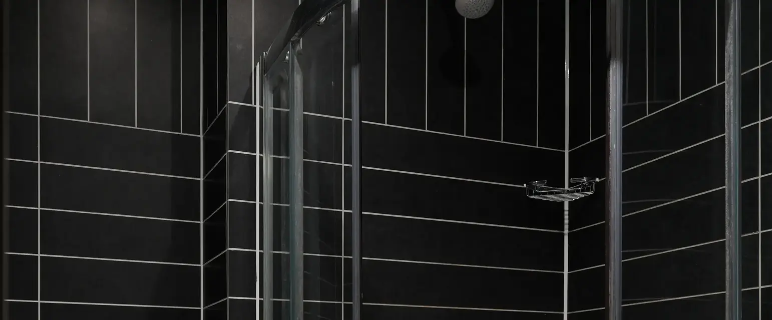 a shower with a glass door