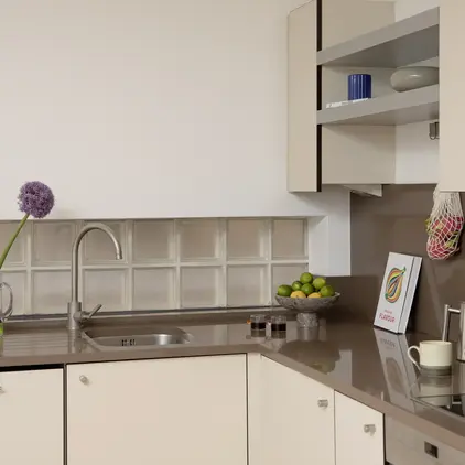a kitchen with a sink and a bowl of fruit