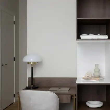 a room with a desk and shelves