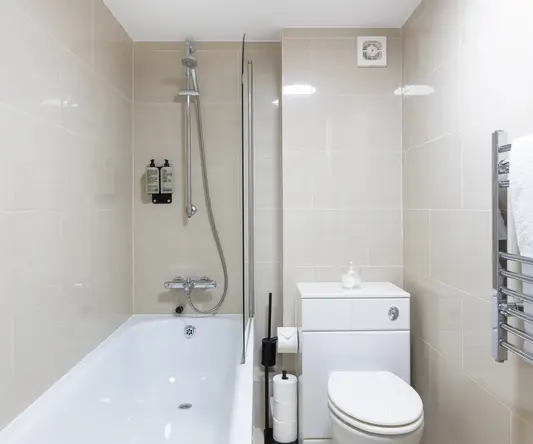 a bathroom with a toilet and tub