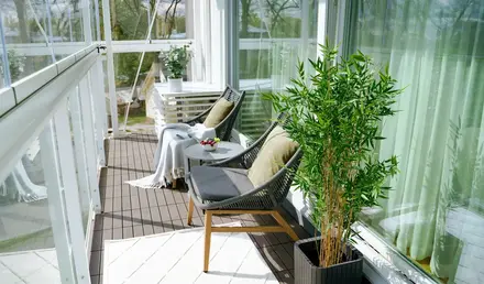 a patio with chairs and a plant