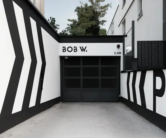 a black and white garage door
